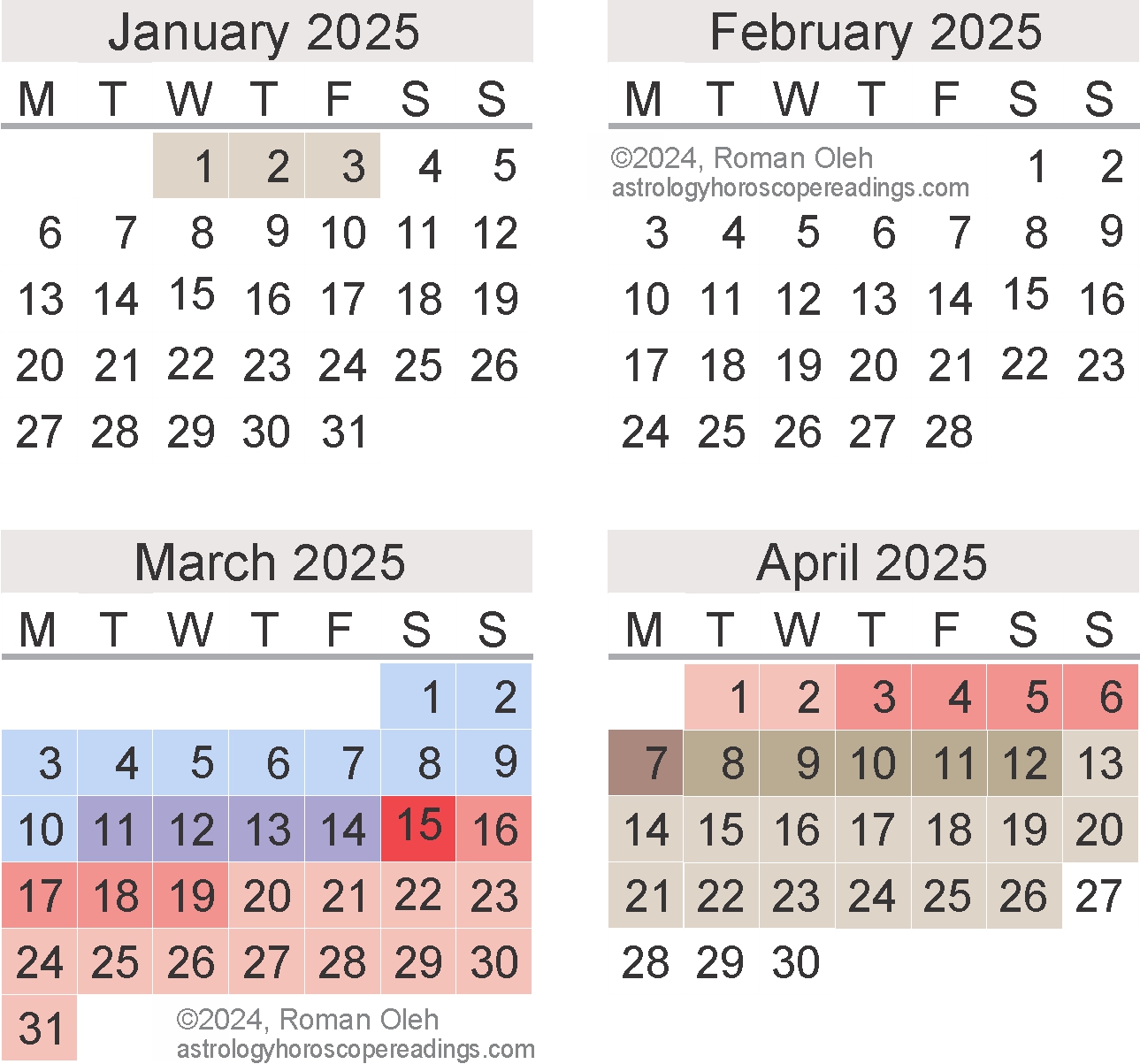 Mercury Retrograde Calendar, March to June 2024.  Copyright 2024 by Roman Oleh Yaworsky, www.powerfullight.com