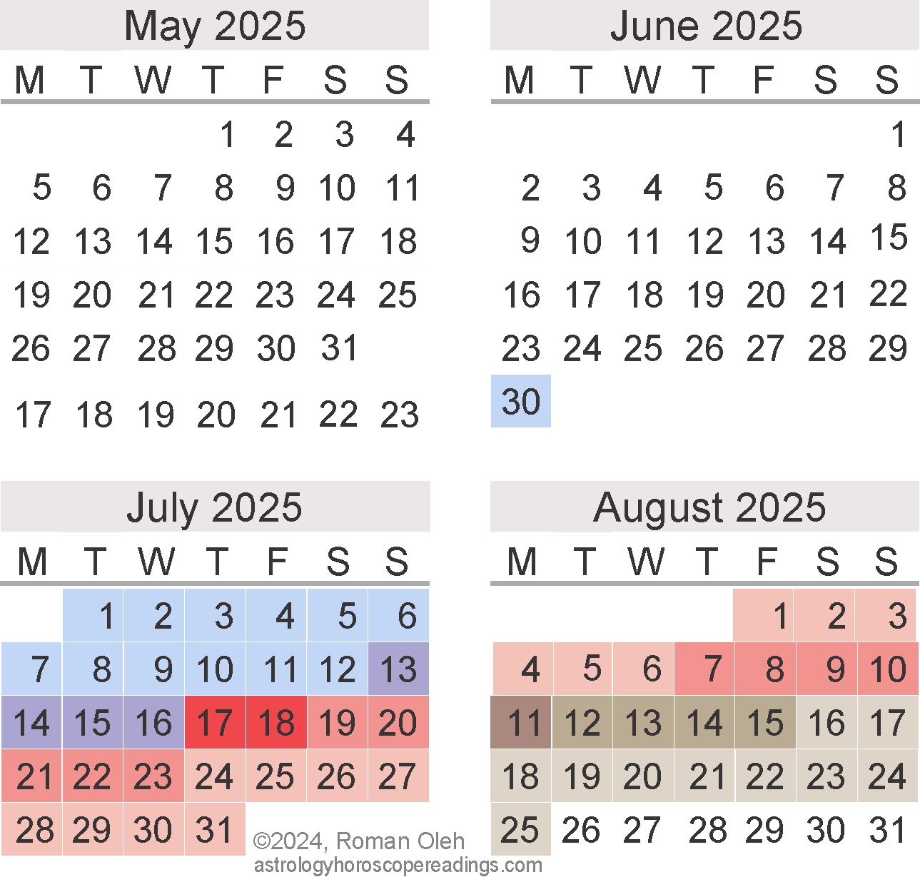 Mercury Retrograde Calendar, July to October 2024.  Copyright 2023 by Roman Oleh Yaworsky, www.powerfullight.com