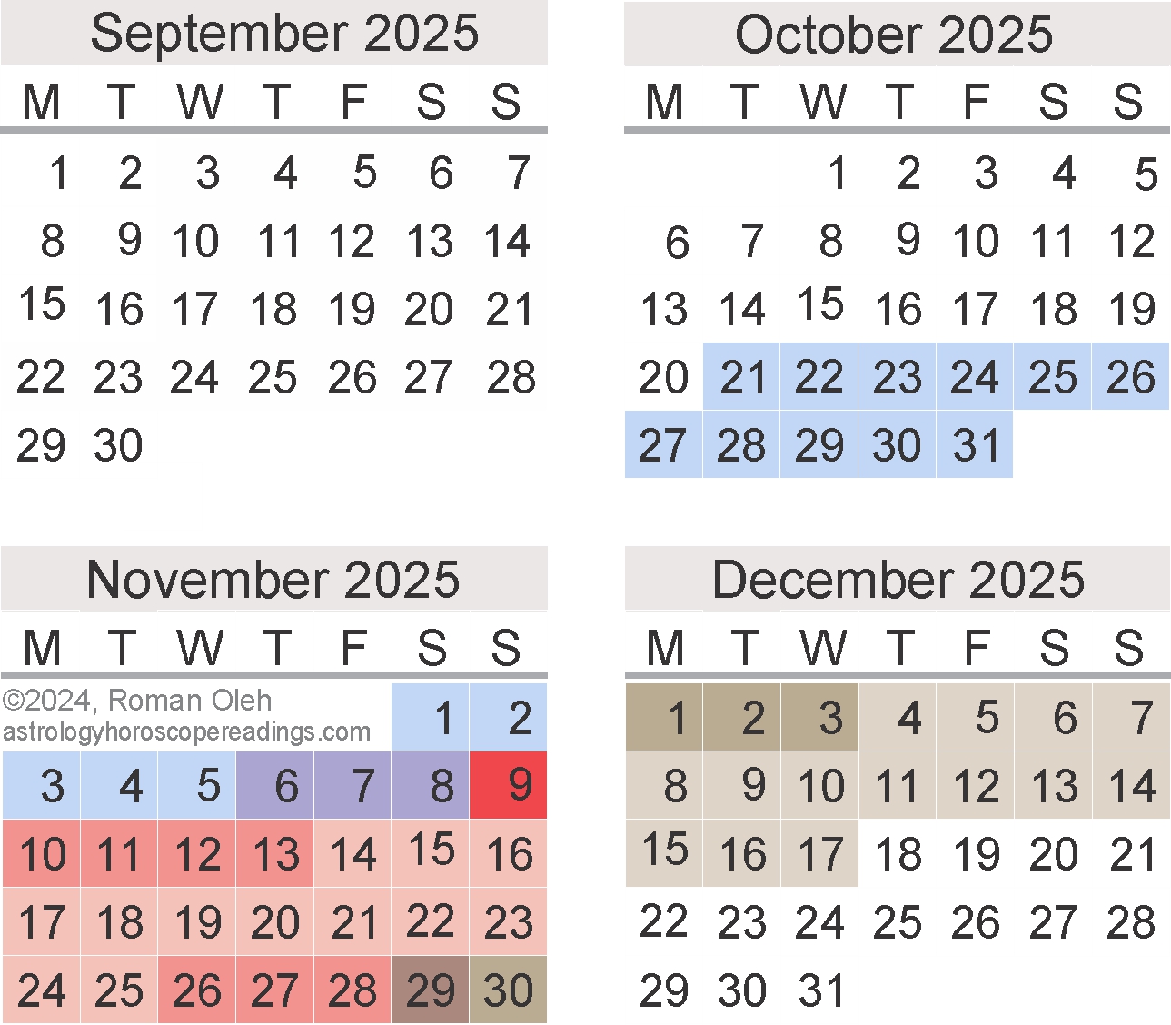 Mercury Retrograde Calendar, November to Decemberl 2024.  Copyright 2023 by Roman Oleh Yaworsky, www.astrologyhoroscopereadings.com